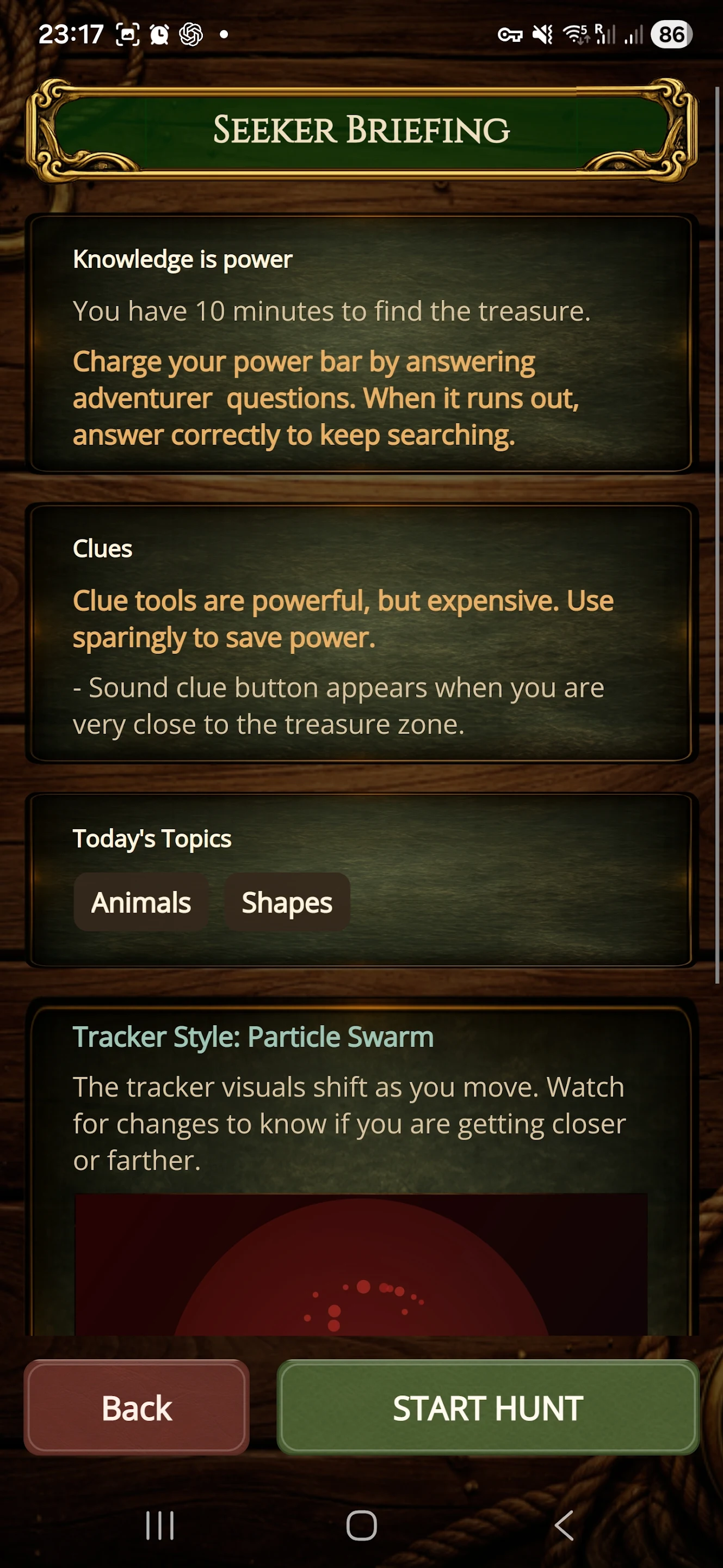 Treasure Seeker game setup screen with hunt style options