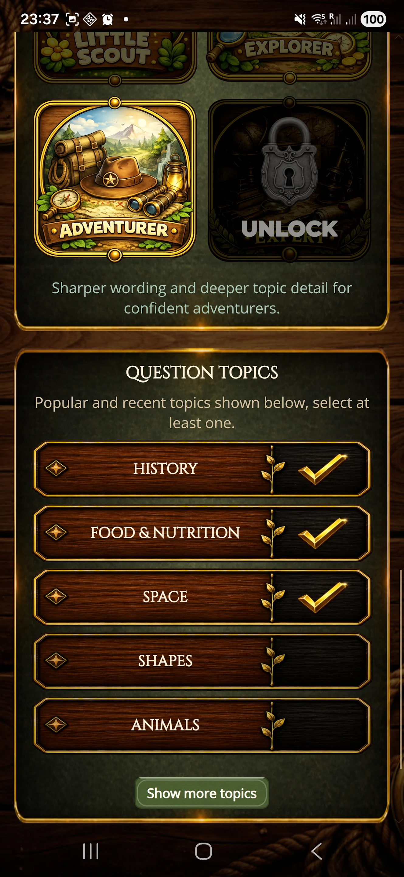 Treasure Seeker quiz setup screen with topic choices